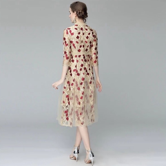 boutique floral embroidered midi dress M vintage look victorian fit & flare NWOT - Picture 2 of 12